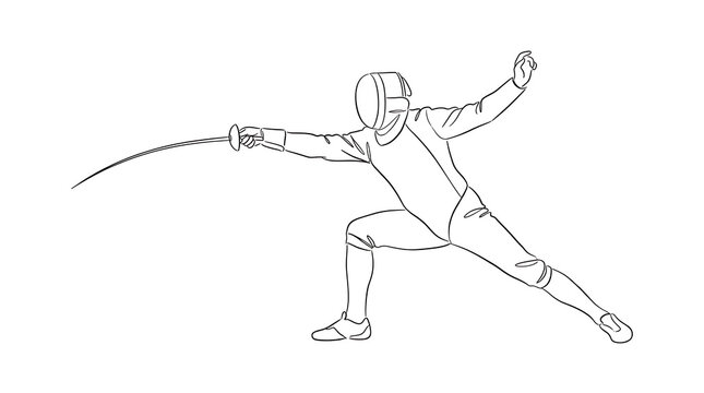 Fencing Athlete Fencer With Sword Lunge Attack Continuous One Line Drawing Isolated On White Background