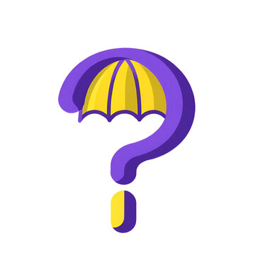Oversized question-mark umbrella graphic in purple and yellow