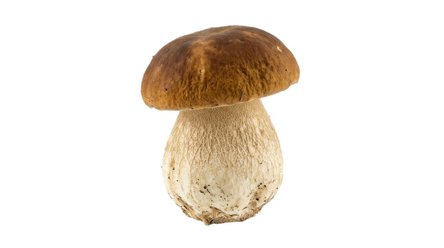 Porcini mushroom with a chestnut-brown cap and stout reticulated stem, isolated cutout