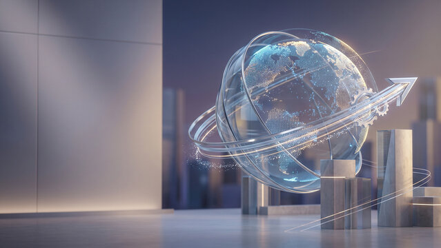 Futuristic digital globe with upward metallic growth arrow and orbital rings in modern interior 3d render background