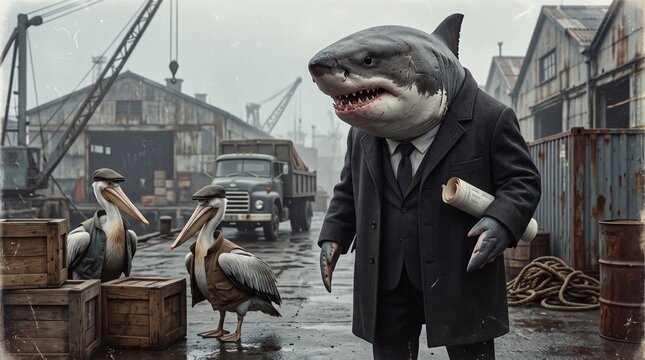Anthropomorphic shark business executive in a suit holding plans while talking to pelican dockworkers at a vintage industrial harbor.