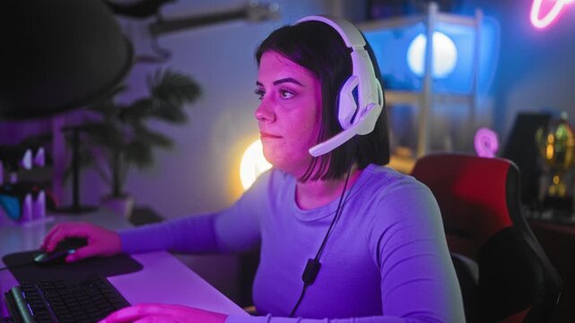 Woman gamer wearing a white headset rests head on folded arms at a neon lit computer desk, eyes closed and hands blurred mid gesture in studio; frustration fatigue.