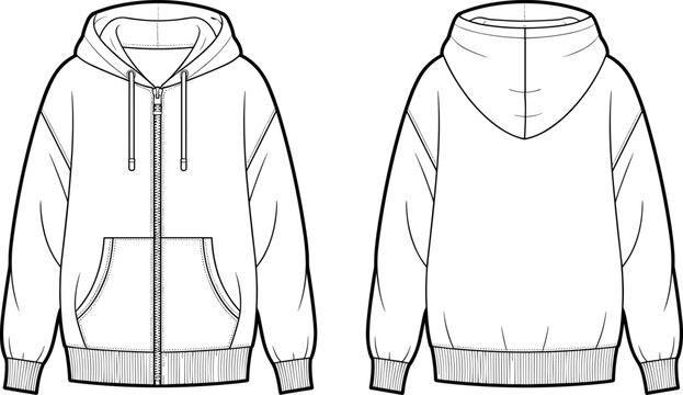 Full zip hoodie technical flat sketch vector template showing front and back views for fashion apparel spec sheet.