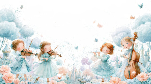 whimsical watercolor illustration of cute little girls playing musical instruments like violin flute and cello in a magical pastel sky surrounded by fluffy clouds floating castles and pink flowers