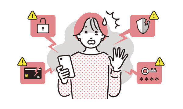 ハッキング・サイバー攻撃を受けたスマホを持って青ざめる女性