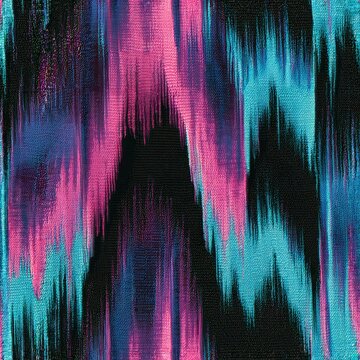 Seamless glitch ikat pattern of pixel sorted pink and cyan streaks on black, with a soft elegant sheen