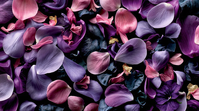 Pile of violet and dark purple flower petals scattered together with floral arrangement