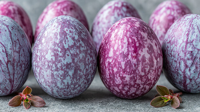 Group of speckled marble patterned eggs resting on textured stone surface with decorative oval