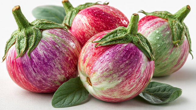 Group of fresh round striped eggplants on white background with raw vegetables