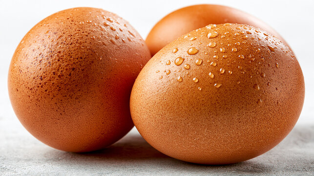 Three raw chicken eggs with water droplets on white surface egg brown food