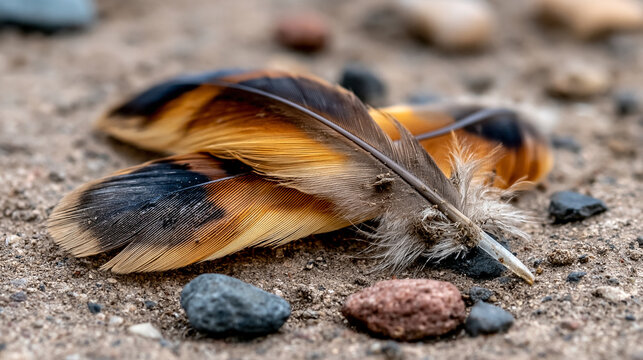 Single colorful bird feather lying on natural rocky desert ground with terrain