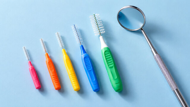 Colorful interdental brushes and dental mirror arranged on blue surface. Oral hygiene and dental care tools. Flossing aid for cleaning between teeth. Preventive dentistry and healthy smile