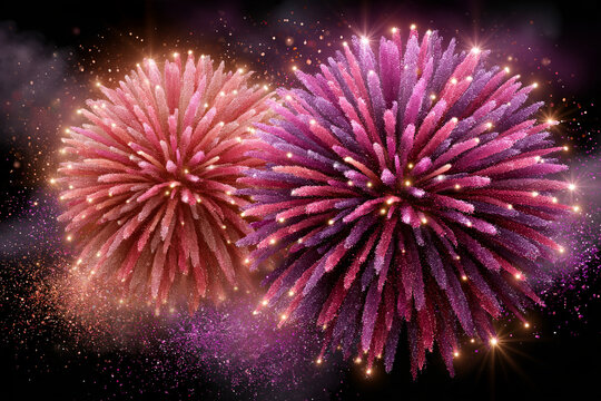 Bright purple and pink firework bursts exploding in night sky with fireworks