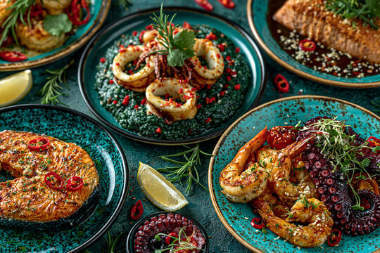Gourmet seafood platter with grilled shrimp and squid on turquoise plates