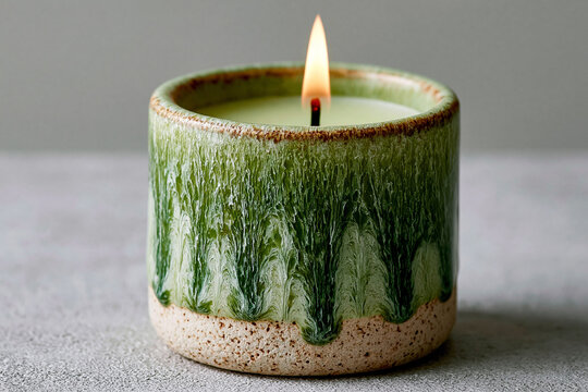 Lit scented candle in rustic green dripping ceramic vessel on textured grey surface