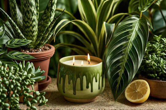 Aromatic candle burning among diverse indoor potted plants and fresh lemon slices with greenery