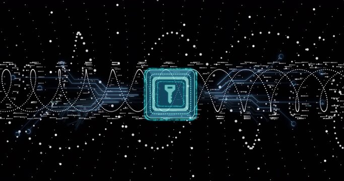 Glowing cyan-teal square icon with keyhole sending data streams and dotted waves on black starfield
