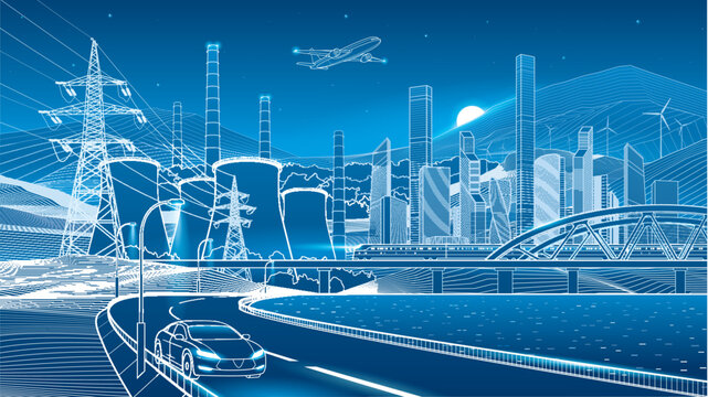 Futuristic industrial city panorama with power plant, electricity pylons, high speed train, highway, bridge and wind turbines. Blue vector illustration of modern urban infrastructure, energy productio