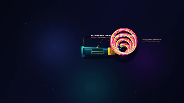 Infographic 2D animation explaining the physics of a party blower with technical annotations such as hydrostatic hoop stress and pneumatic force on a dark starry background