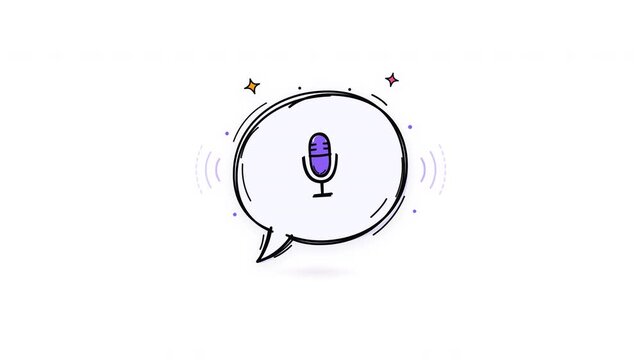 Cinematic hand-drawn sketch doodle vector animation of a voice message speech bubble featuring a studio microphone icon, radiating audio sound waves,.