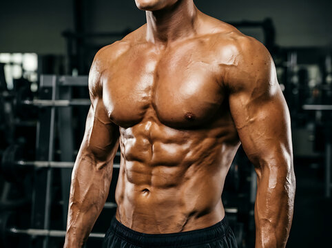 Muscular man flexing abdominal muscles in a darkened gym setting