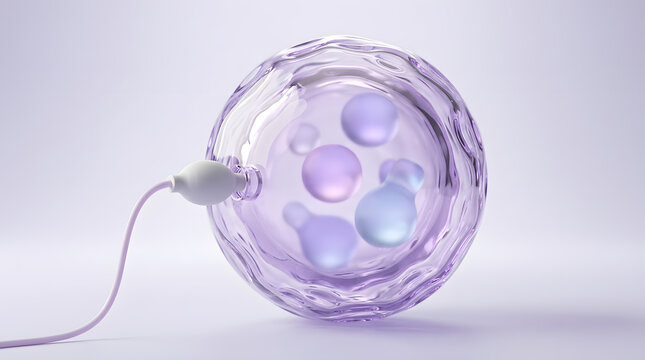 Microscopic cell vesicle with nucleus and injector catheter. Embryo fertilization and biotechnology research. Glassy purple cellular sphere undergoing laboratory microinjection