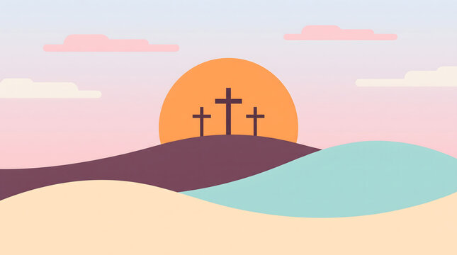 Stylized Minimalist Landscape Illustration Featuring Three Crosses on a Hill at Sunset