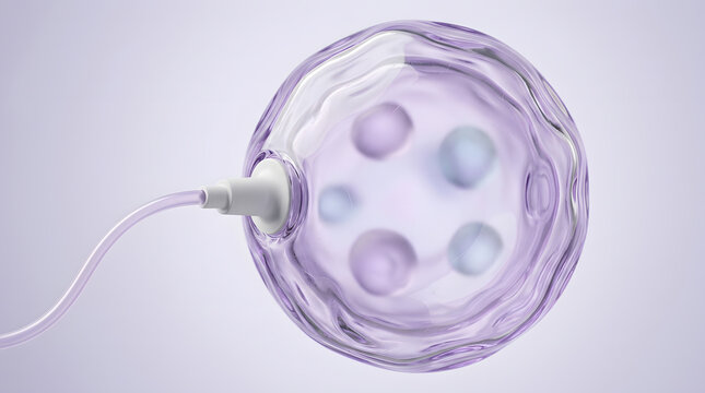 Biological cell membrane with core nuclei and infusion needle. Stem cell research and genetic engineering. Transparent purple cellular orb connected to medical injection tubing