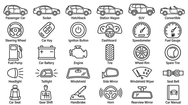 Civil Car and Automotive Essentials &ndash; 30 Outline Linear Icons Set