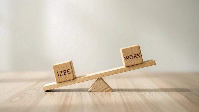 Life and work balance concept represented with wooden blocks on miniature.