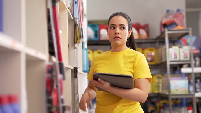 Young latina woman working in retail, checking stock on shelves using digital tablet and smartphone