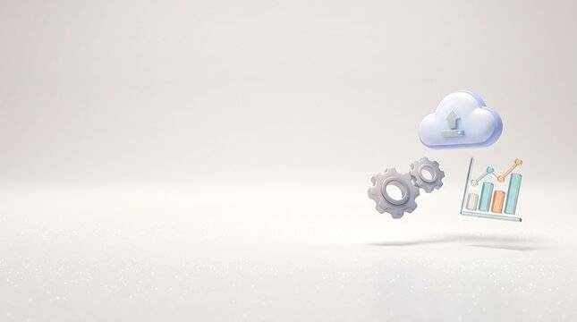 Floating 3D cloud icon with gears and bar chart symbols representing digital technology data storage and computing processes on a clean minimal white studio background