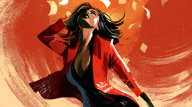 Expressive illustration of a stressed woman overwhelmed by financial anxiety and emotional pressure, surrounded by swirling orange chaos, symbolizing uncertainty, burnout, frustration and mental exhau