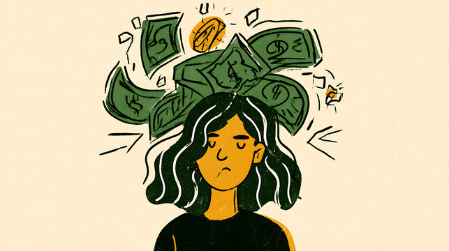 Hand drawn illustration of a worried woman surrounded by flying dollar bills and coins, symbolizing financial anxiety, money problems, economic uncertainty, stress and financial insecurity.