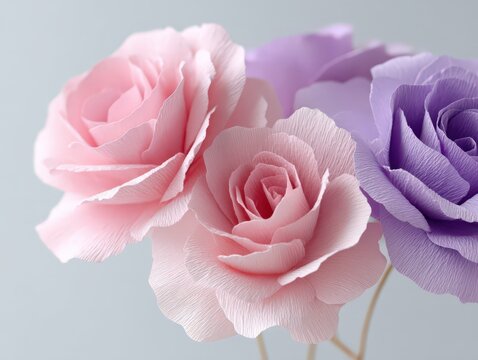 Close-up of handcrafted paper roses in pink, purple, and lavender hues, perfect for floral arrangements and decorative crafts.
