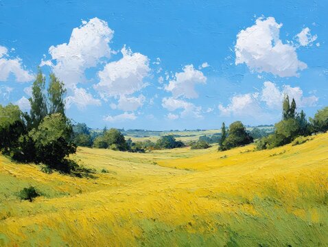 Impressionistic Landscape Painting: Golden Field, Blue Sky, Fluffy Clouds, Rolling Hills, Rural Scene, Textured Brushstrokes