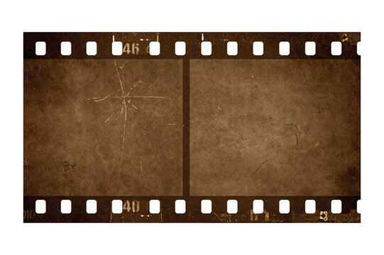 Vintage brown sepia 35mm film strip with empty frames, worn perforations, scratches, dust and grunge texture, isolated with a clipping path for design projects, PNG