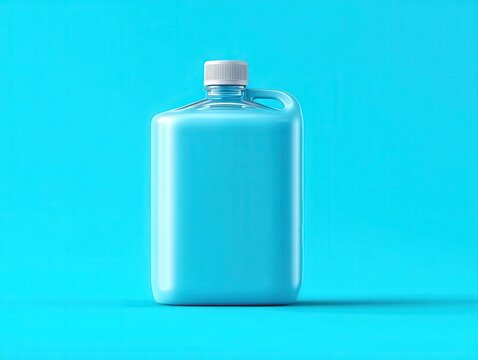 Blue plastic container with handle and cap, isolated on a light blue studio background. Product packaging mockup for industrial liquids.