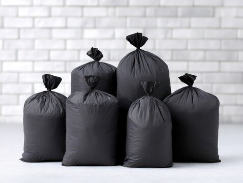 Stack of Black Trash Bags - Waste Management, Recycling, and Environmental Concepts Stock Photo