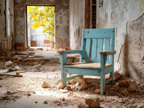 Abandoned Building Interior: Single Wooden Chair Amidst Debris, Evoking Decay, Loss, and Forgotten History.