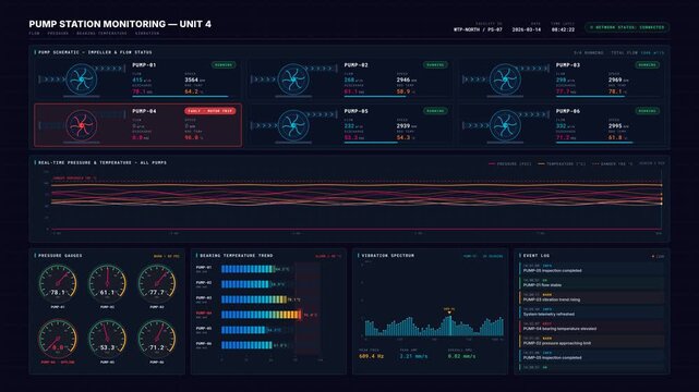 4K industrial IoT pump monitoring dashboard showing flow pressure bearing temperature trends with animated gauges and fault alerts on dark navy interface.