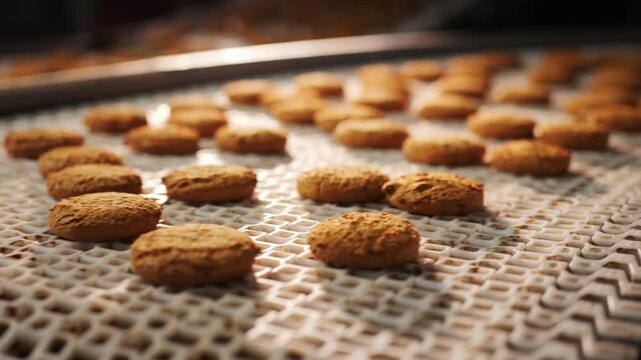 Golden oatmeal cookies move along a conveyor belt at an industrial bakery. Close-up of freshly baked biscuits during automated food production at a large manufacturing facility.