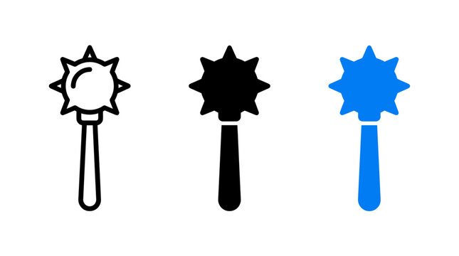 Set of three flail weapon icons in outline solid and blue style with medieval