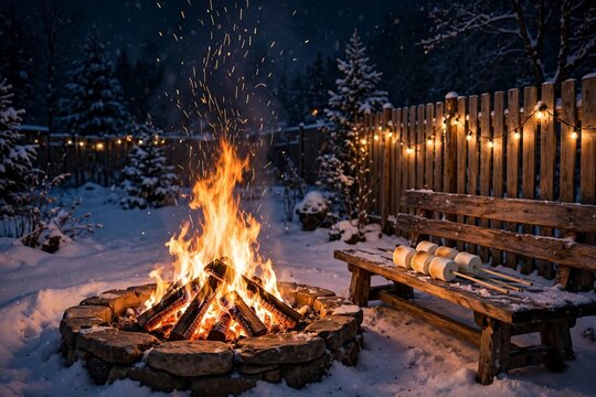 Winter bonfire in a snowy backyard at night with marshmallows on sticks on a wooden bench and string lights on a fence