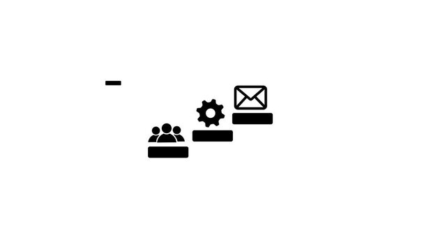 Business process workflow infographic animation: team collaboration, strategy, communication, and goal achievement on white background