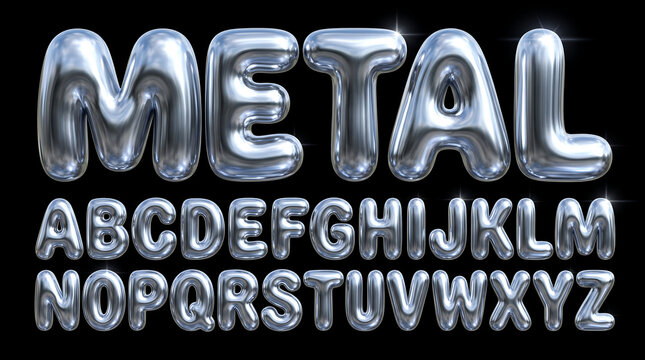 Set of shiny metallic inflated 3d letters forming an alphabet on a black background for modern graphic design projects