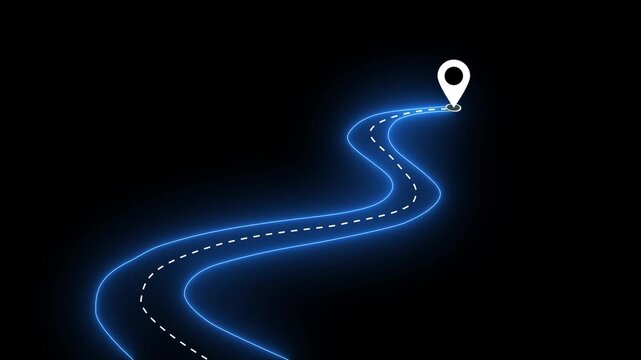 Animated neon glowing path with map location pin marker on black background, route
