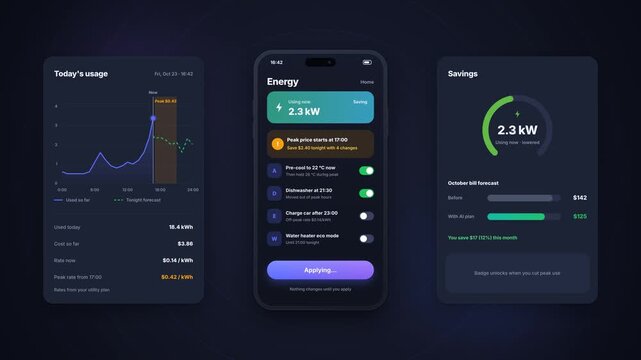 Smartphone energy management interface applies an appliance schedule to reduce household power use against a dark background