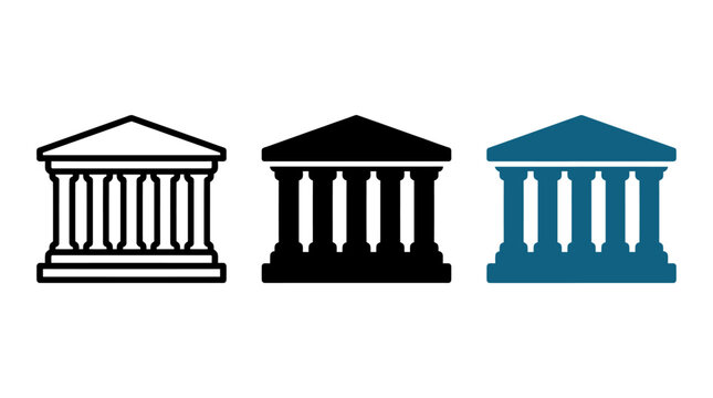 Set of three classical bank or government building icons in different styles