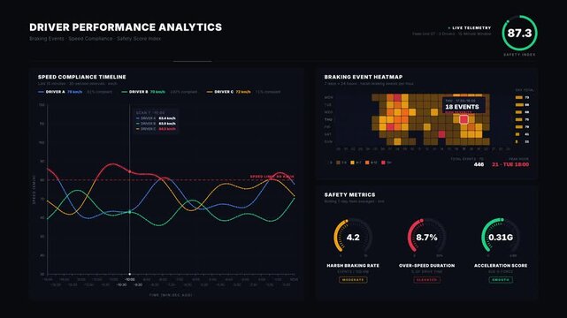 4K Fleet Safety Dashboard Animation Tracking Driver Speed Compliance, Braking Heatmaps, and Real-Time Safety Score Trends for commercial creative technology and business use.